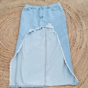Style based bohowestern light denim asymmetrical distressed frayed maxi skirt XL